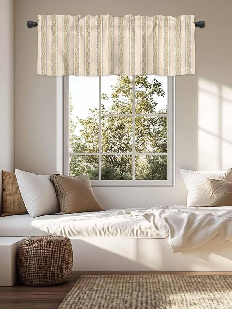 Kitchen Valances for Windows, Rustic Farmhouse Beige Stripe Light Filtering Short Curtains for Bathroom Basement Living Room Retro Minimalist Line Theme (42"W x 12"L (Pack of 1), Burlywood)