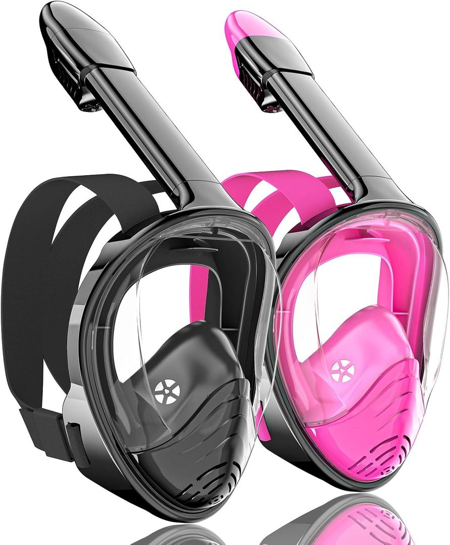 QingSong Full Face Snorkel Mask for Adults, Snorkeling Gear with Camera Mount, 180 Degree Panoramic View Snorkel Set Anti-Fog Anti-Leak (Small-Medium, 2 Pack - Black+Pink)