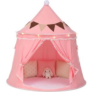 Play Tent with Padded Mat, Star Lights and Flags, Large Princess Tent Kids Play Tent, Indoor Outdoor Game Playhouse, Portable Children Yurt Tents, Birthday Gift for Girls, 47''x45'', Pink