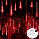 JMEXSUSS Red Solar Christmas Lights Outdoor, 8 Tube 144 LEDs Solar Meteor Shower Rain Lights, Red Twinkle Light for Tree Eaves Fence Christmas Decorations