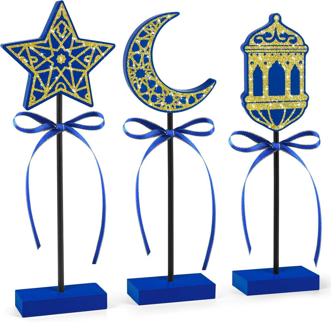 3 PCS Ramadan Table Decorations Wooden Eid Mubarak Signs Rustic Islamic Ramadan Tiered Tray Decor for Muslim Party Home Kitchen Decor (Blue.Shiny)