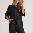 BWQ Womens linen 2 Piece Outfits Long Sleeve Button Down Shirt Wide Leg Pants Lounge Set S-2xl (Black, L)