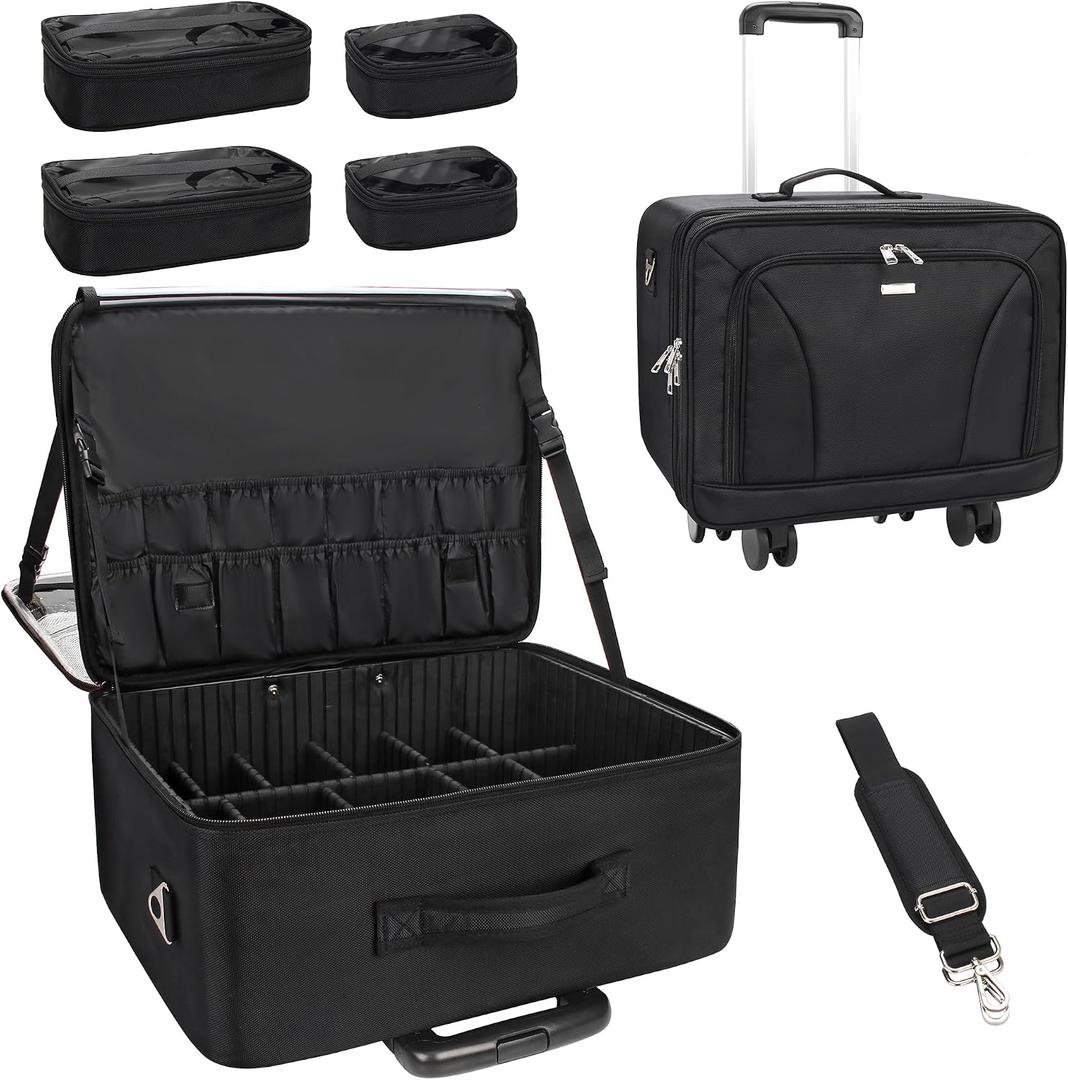 MONSTINA Rolling Makeup Train Case, Cosmetology Case on Wheels Makeup Artist Bag Professional Cosmetics Beauty Hairdresser Bag Hairstylist Cosmetic Bag with 4 Bags Extra Large Makeup Bag with Wheels