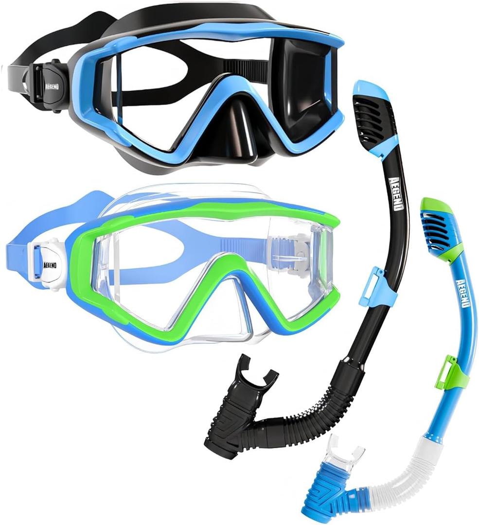 Aegend Snorkeling Gear for Adults Youth Kids, Snorkel Mask with Top Dry Valve - Panoramic View Anti-Leak and Anti-Fog with Mesh Bag for Snorkeling, Scuba Diving, Freediving & Swimming (Black & Blue)
