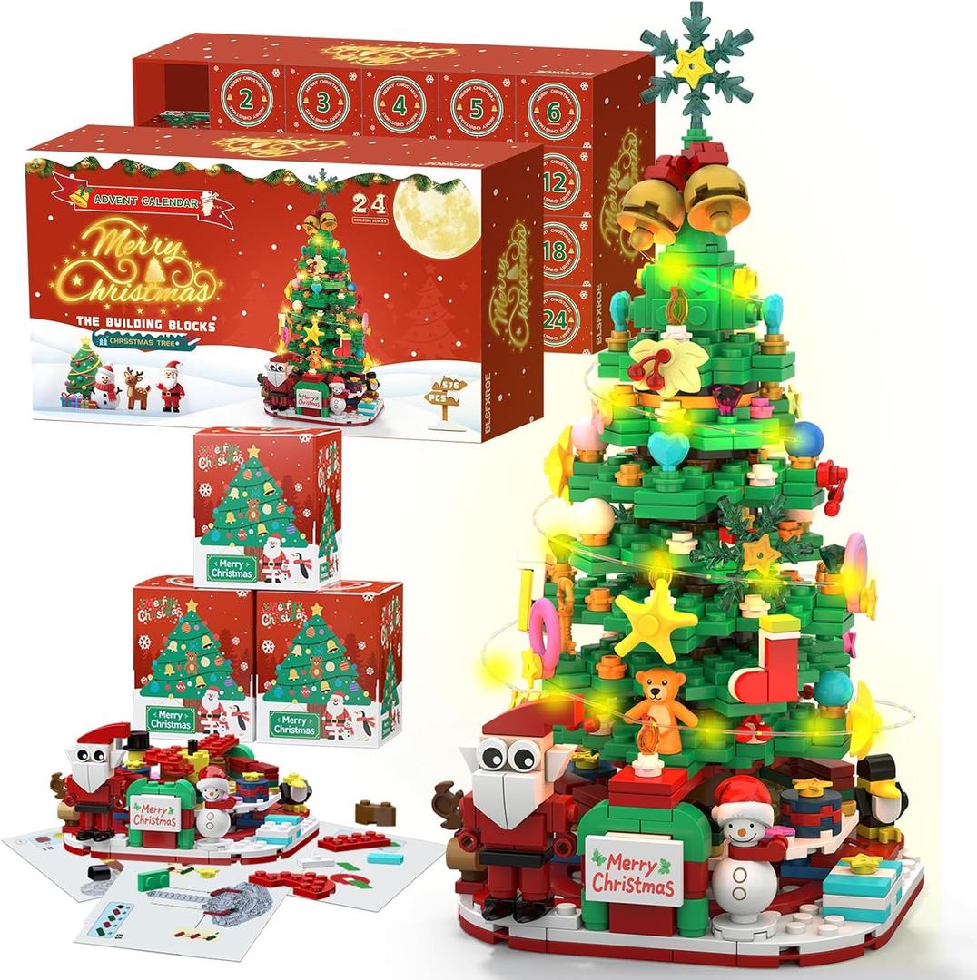Advent Calendar 2025 Building Blocks Set with LED Light, 24 Days Christmas Countdown Calendar Building Blocks Xmas Thanksgiving Gifts for Adults Men Women (Green-(Christmas Tree))