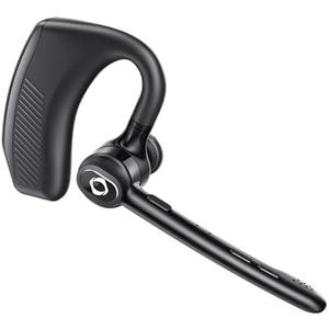 Wireless Headset Bluetooth Earpiece with Dual Noise Canceling Microphone Hands Free Headphones Single Ear Earphone Over Ear Earbud for iPhone Samsung Android Cellphones TV PC Trucker Game Work Driving (Black)