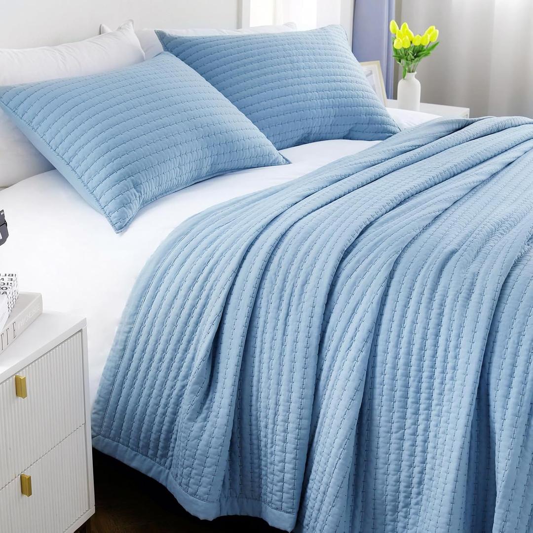 King Quilt Set  104"x90" Soft Washed 3-Layer Lightweight Bedspread with Multi-Lock Quilting, Minimalist Nordic Bedding, All-Season Quilt for Spring, Summer & Fall (1 Quilt + 2 Pillow Shams), Blue