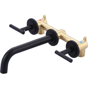 WOWOW Wall Mount Bathroom Faucet Matte Black Wall Faucet High Flow Two Handles Stainless Steels,Long Spout Reach,Widespread Bathroom Sink with Rough-in Valve 3 Holes Elegant Classic Spout