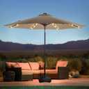 wikiwiki 10FT Solar Led Patio Umbrella with Base, Sturdy Outdoor Market Umbrella for Deck, Pool, Garden w/Tilt, Crank, 32 LED Lights, Tan