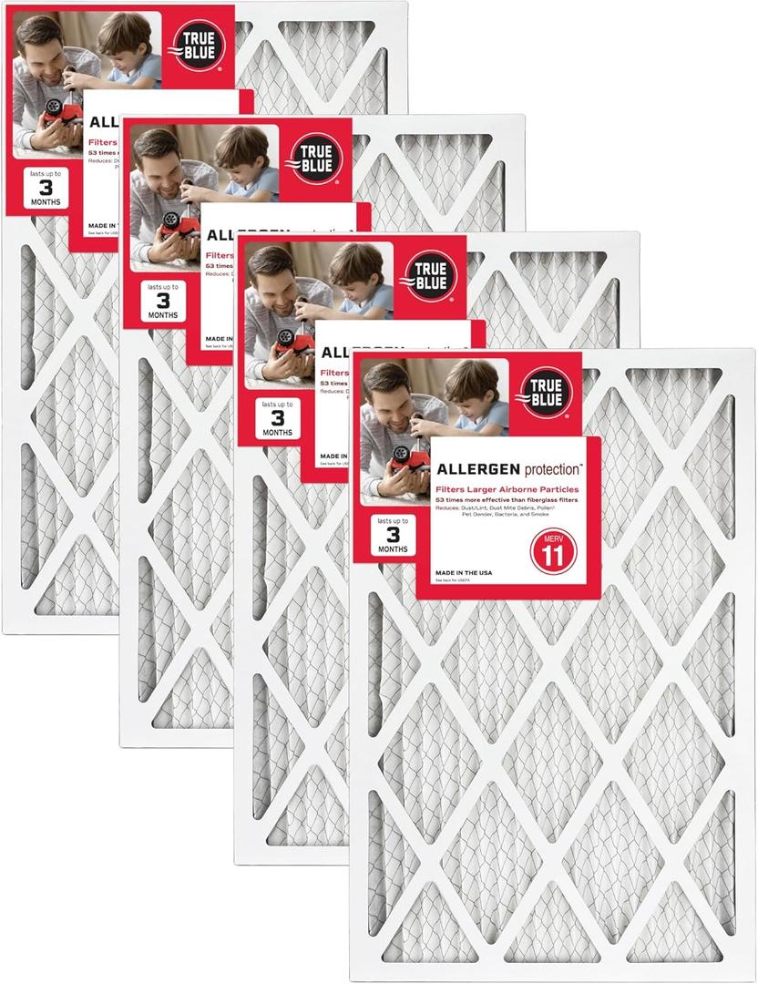 True Blue 18x20x1 MERV 11 Allergen Air Filter (4-Pack) | Electrostatic Pleated HVAC Furnace Air Filter | Replacement Filter for Home Use | Made in USA