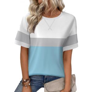 Zeagoo Womens Summer Tops Oversized Crewneck Short Sleeve T Shirts Casual Loose Fit Blouse Y2K 2025 Striped Basic Tee (Medium, White Gray Blue)