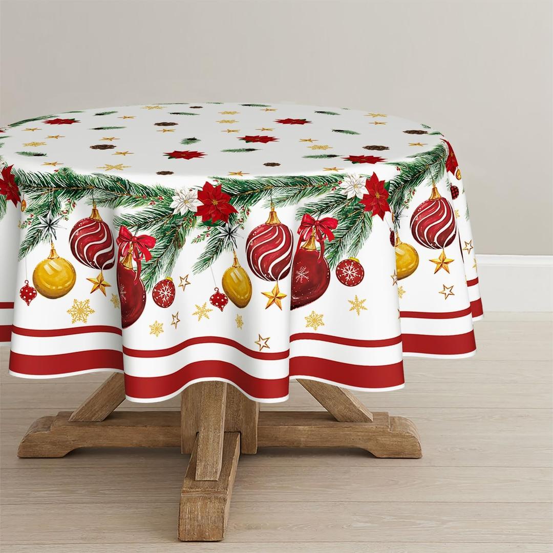 Horaldaily Christmas Tablecloth 7070 Inch Round, Christmas Ball Ornaments Pine Stars Washable Table Cover for Party Picnic Dinner Decor (Red)