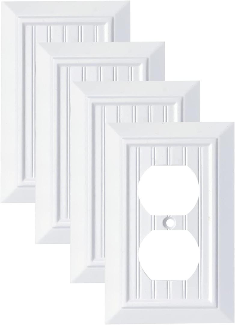 Pure White Classic Beadboard Wall Plates,Light Switch Covers,Electrical Outlet Covers, Switch Plates of Various Combination, Nature Bamboo Fiber Wall plate (1 Gang Duplex 4 Pack)