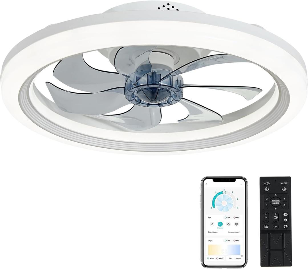 20" Modern Ceiling Fan with Light, 6 Speeds & Dimmable, White Flush Mount for Home, (Gold and Grey)