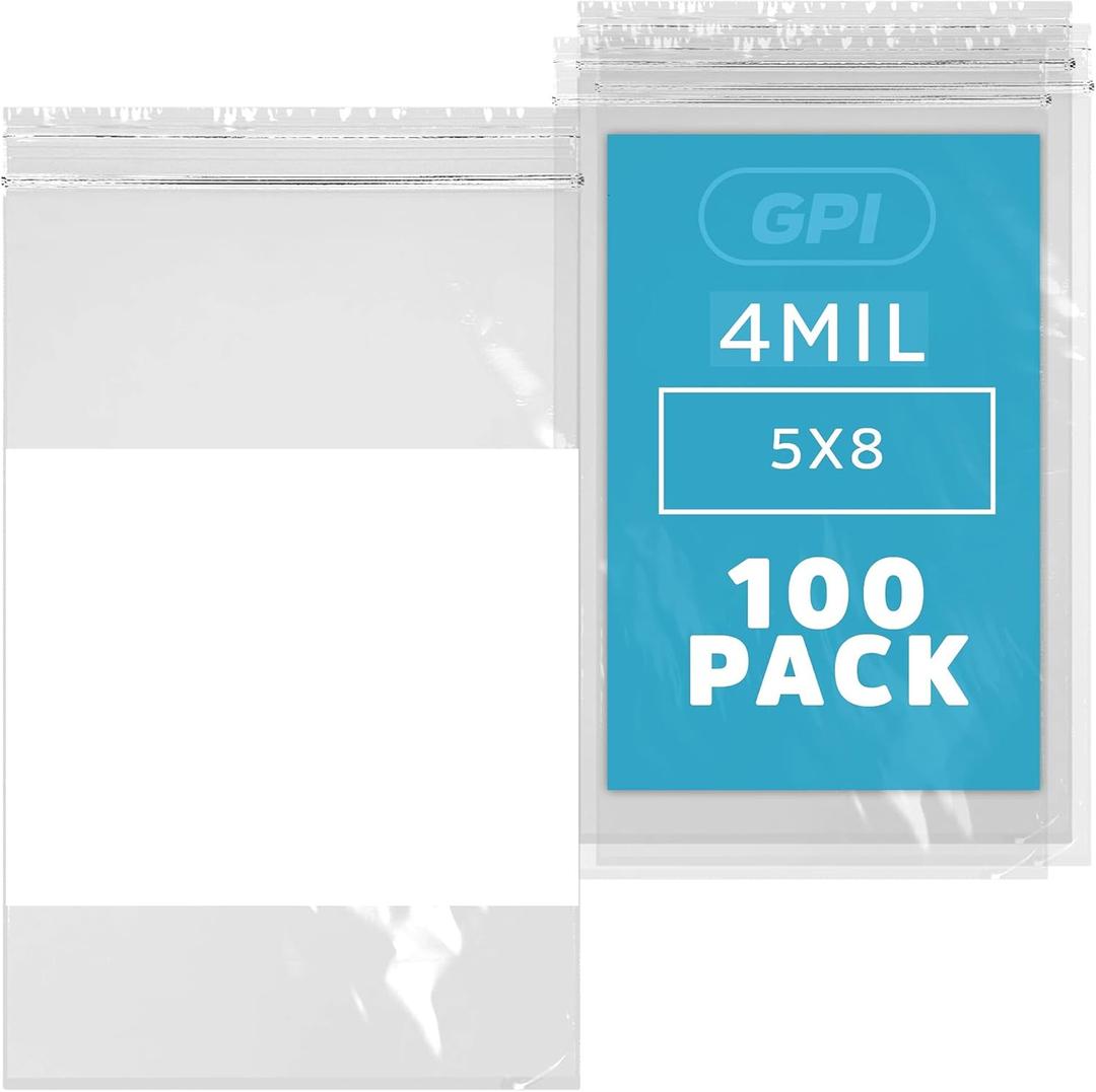 GPI - 5" x 8" - Bulk Pack of 100, 4 Mil Thick, Heavy Duty, Clear Plastic Reclosable Zip Bags, With Write-on White Block for Labeling, Strong & Durable Poly Baggies With Resealable Zipper Top Lock.