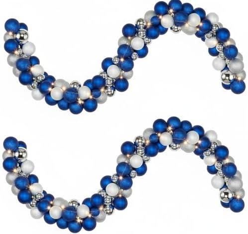 Yuxung 2 Pcs Christmas Balls Garland 6 ft Hanging Ornaments Xmas Balls Decorations with 2 Pcs 10 Feet LED Lights Indoor Outdoor Tree Mantel Wedding Decoration(Dark Blue, Light Blue, Silver)