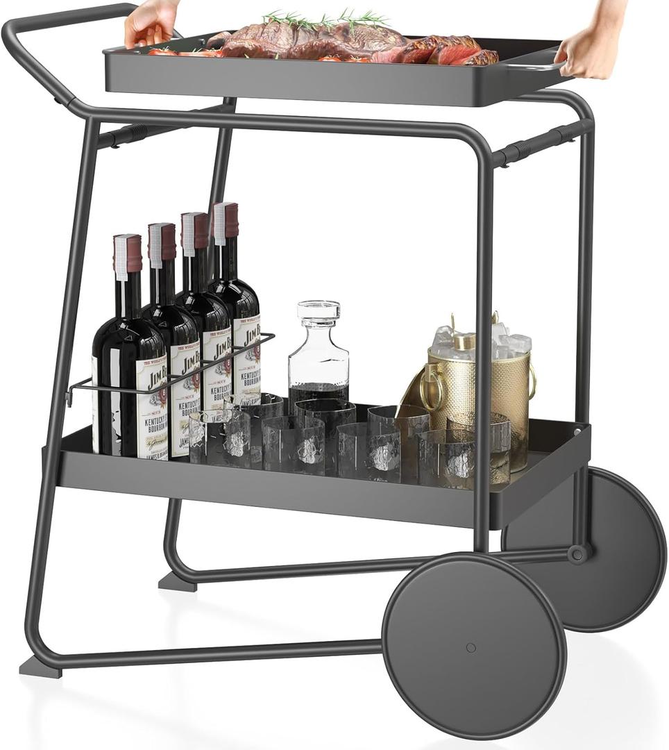 Outdoor Grill Cart with Extra-Large Wheel, Removable Tray & Ergonomic Handle, Double-Shelf Grill Stand, Indoor and Outdoor Pizza Oven Table for Garden Patio BBQ Kitchen Food Prep Table Cart for Party