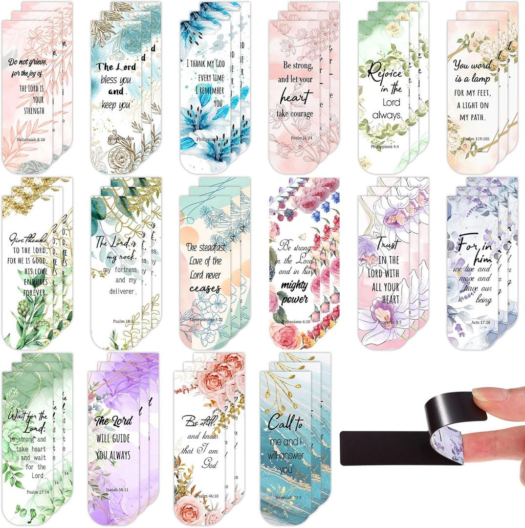Zonon 48 Pcs Bible Verse Magnetic Christian Bookmarks 0.8x4.7in Inspirational Scripture Book Marker for Mother Women Men Religious Motivational Flower Page Clips Book Lover Reading Gift(Stylish Style)