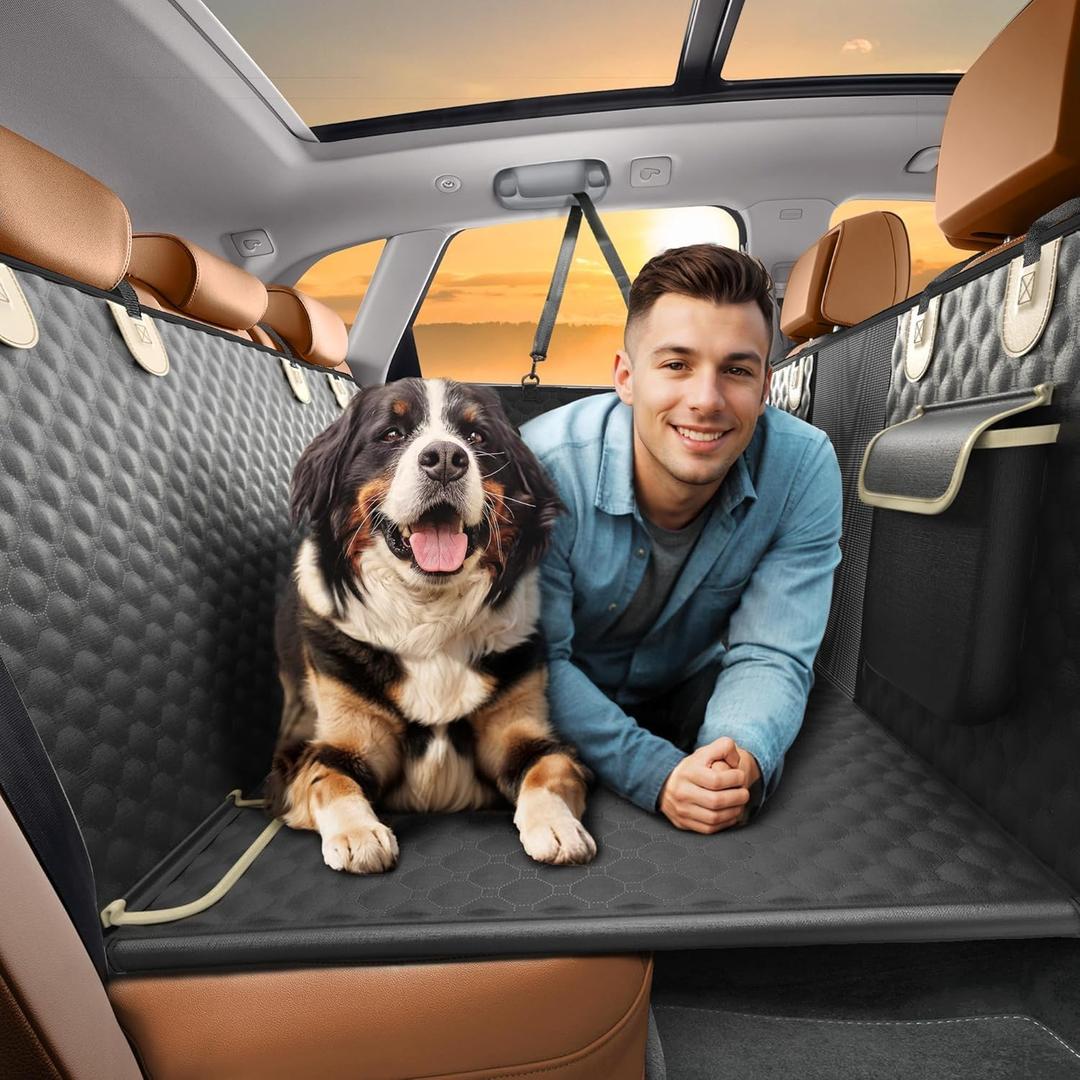 SHARLOVY Back Seat Extender for Dogs, Heavy Duty Dog Car Seat Cover for Back Seat and Aggressive Chewer, Large Hard Bottom Seat Cover for Dogs, Dog Hammock for Car, Travel Pet Bed for Car, SUV, Truck (Black)