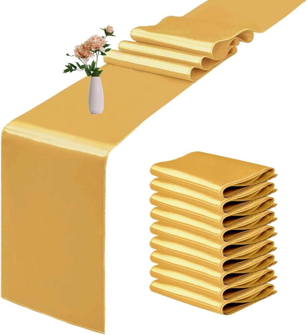 4 Pack Satin Table Runner 12 x 108 Inch Long Yellow Smooth Silk Fabric Table Runner for Birthday Parties Wedding Banquets Decorations