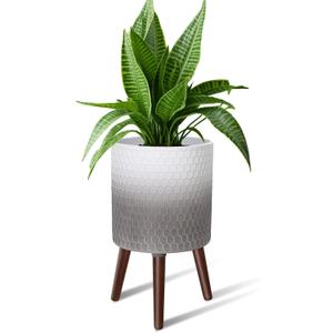 12 Inches Indoor Plant Pot with Walnut Color Stand Honeycomb Embossed Flower Pot with Drainage Holes Large Modern Planters for Indoor Plants-Gradient White Gray