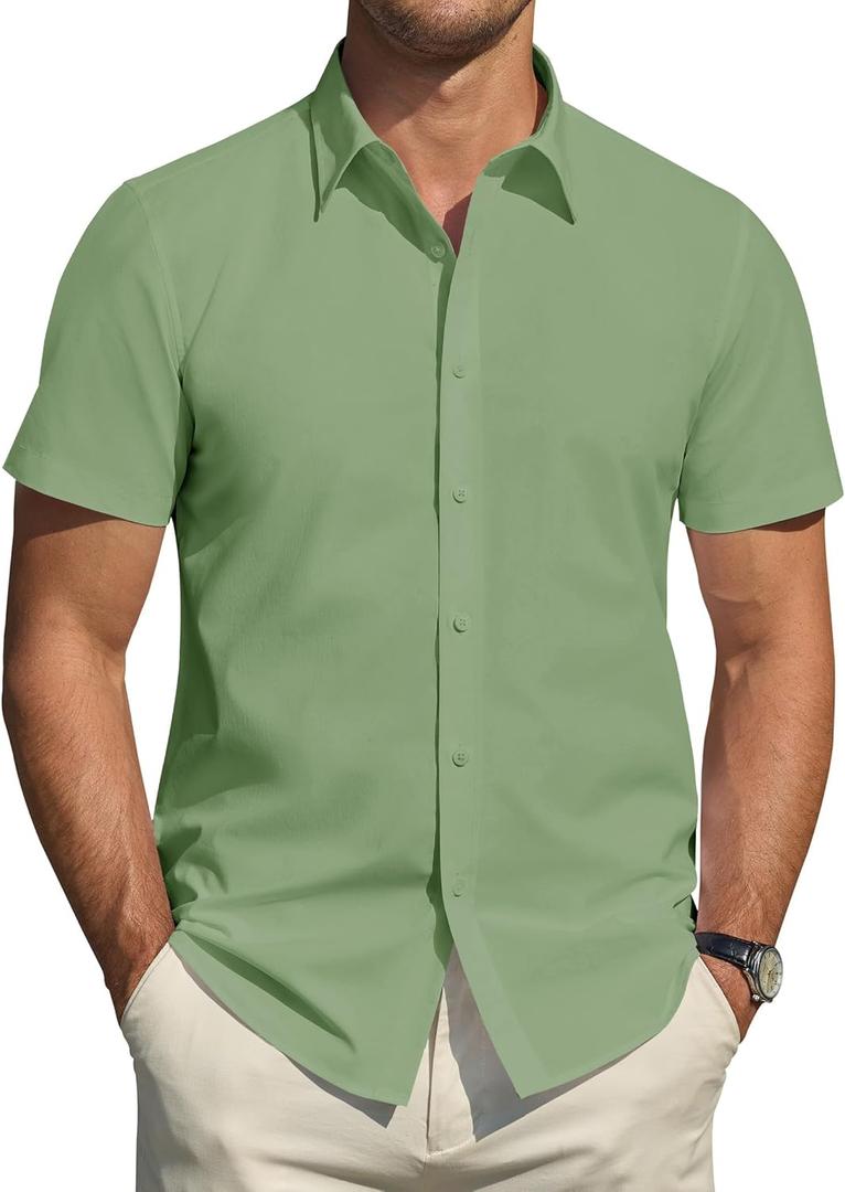 J.VER Men's Short Sleeve Dress Shirts Stretch Stain Shield Casual Button Down Shirts Solid Formal Shirt (Green, XXL)