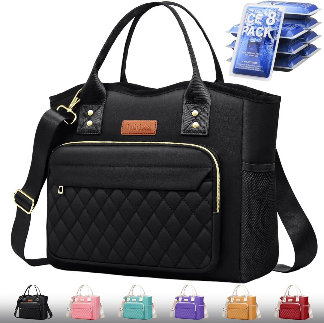 Lunch Bag Women Insulated Lunch Box for Adults - Leakproof Large Purse Lunch Tote Bags for Women with Adjustable Shoulder Strap Zipper Side Pockets for Work (Black)