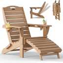 Folding Adirondack Chair with Retractable Ottoman Weather Resistant Fire Pit Chair Patio Chair with 2 Cup Holder Lawn Outdoor Lounge Chair (Teak)