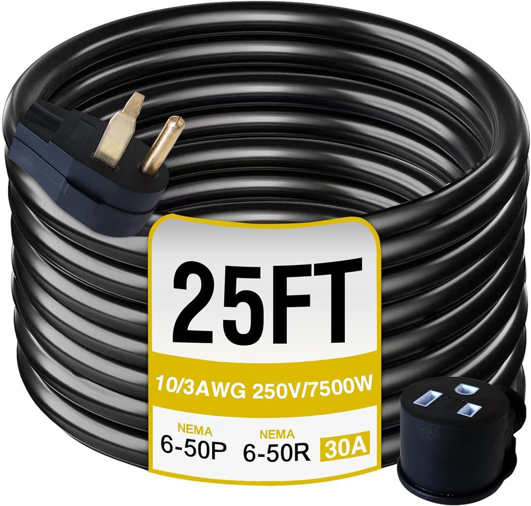 6-50P to 6-50R 250V/7500W 30 Amp 3 Prong Welder Extension Cord, 10 Gauge Heavy Duty Welding Cable, NEMA 6-50 Plug With ETL Listed (25FT)