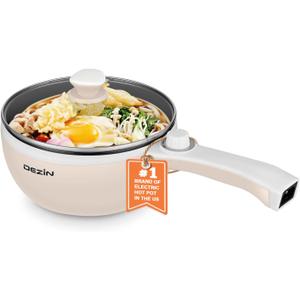Dezin Hot Pot Electric Upgraded, Non-Stick Saut Pan, Rapid Noodles Electric Pot, 1.5L Mini Portable Hot Pot for Steak, Egg, Fried Rice, Ramen, Oatmeal, Soup with Power Adjustment (Beige)