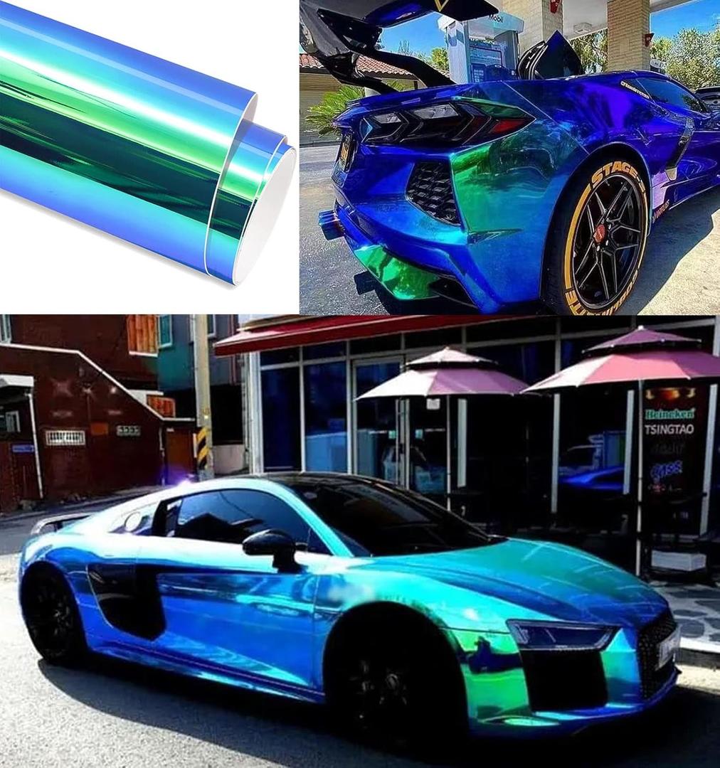 Holographic Rainbow Chrome Car Adhesive Vinyl Wrap Gloss Decal Sticker Film Sheet Air Bubble Free DIY Vinyl (2ft x 4.5ft, Peacock Blue)