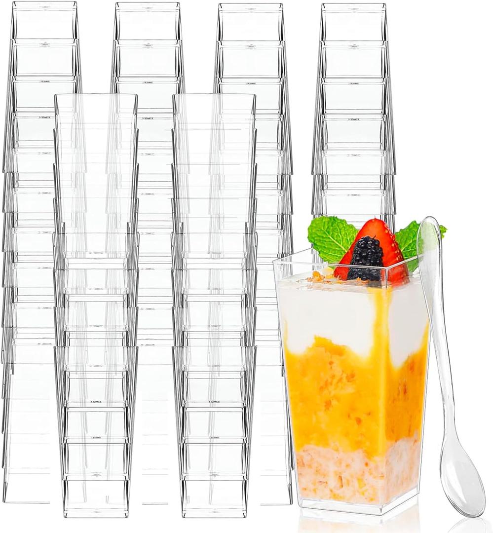 Zezzxu 3 oz Square Mini Dessert Cups with Spoons - 50 Pack Plastic Pudding & Parfait Cups Party Dessert Shooters for Serving Trifle Mousse Cake Appetizers