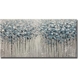 Yotree Paintings - 24x48 Inch 3D Oil Paintings on Canvas Blue Forest Heavy Texture Acrylic Painting Wall Art Wall Decoration Wood Inside Framed Hanging Ready to Hang