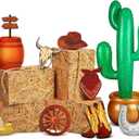 14 Pcs Western Cowboy Party Decorations Hay Bales Straw Boxes Cactus Inflatable Cowgirl Card Hat Horseshoe for Western Birthday Theme Party (Classic, Earthy Yellow)