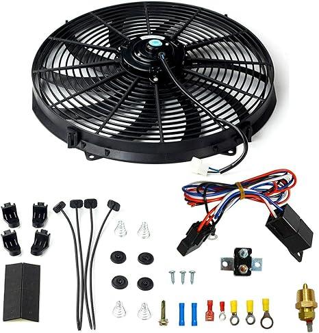 BLACKHORSE-RACING 16" 16 inch Electric Radiator Fan High 3000 + CFM Thermostat Wiring Switch Relay Kit Black