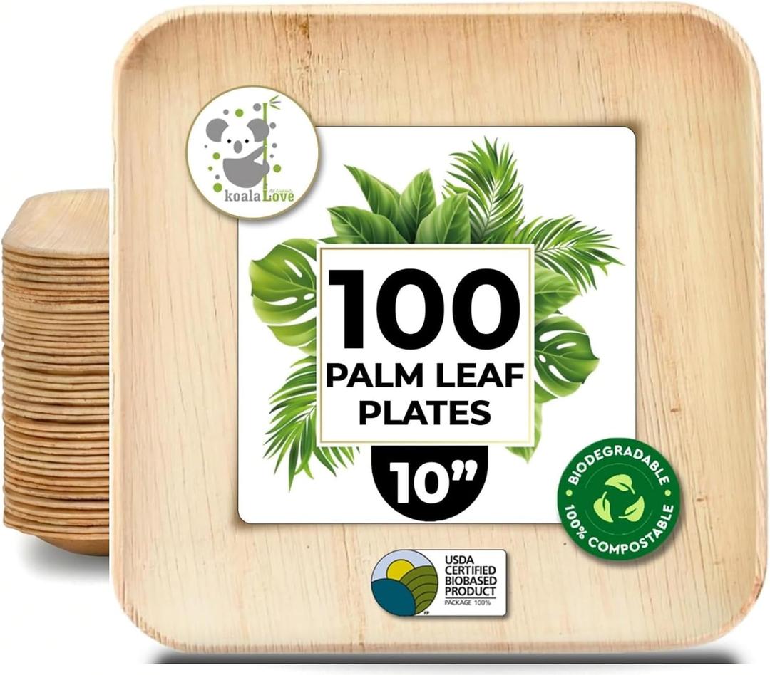 Koala love Palm Leaf Plates Bamboo Disposable Square 10 inch 100 Bulk Party Pack Elegant Sturdy Design Better Than Paper and Plastic Plate (KoalaLove -PLP-10IN-100-Plates)