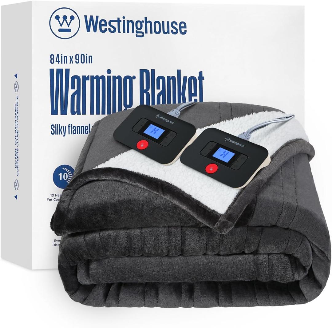 Westinghouse Electric Blanket Queen, Heated Blanket Queen Size with 10 Heating Levels and 1 to 12 Hours Heating Time Settings, Flannel to Sherpa Reversible, Machine Washable (84" x 90", Charcoal)