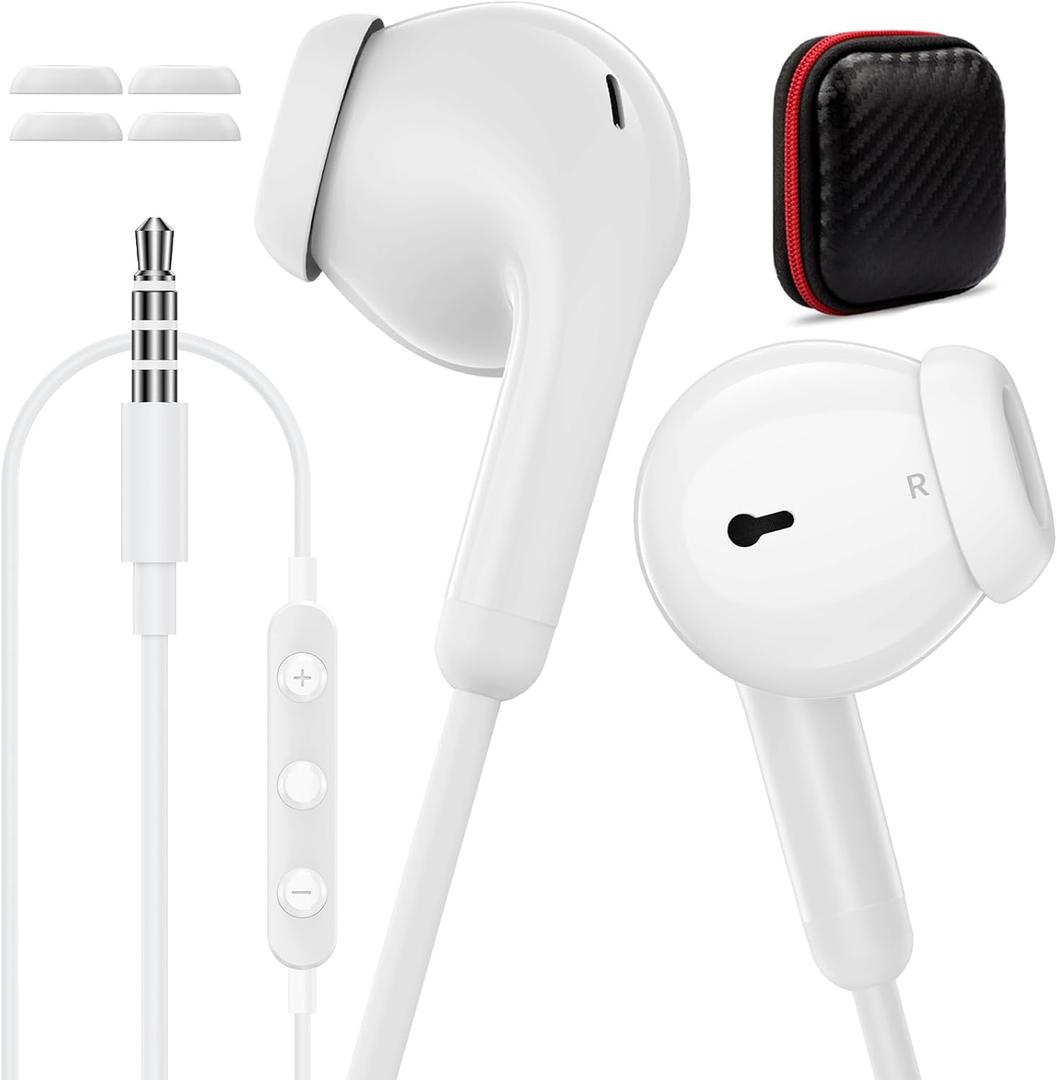 3.5mm Headphones Wired Earbuds with Microphone Noise Isolating Earphones HiFi Stereo Clear Call Volume Control Semi in-Ear Ear Buds for Samsung A25 A14 S10 A12 Moto G Power G Pure School Travel, White