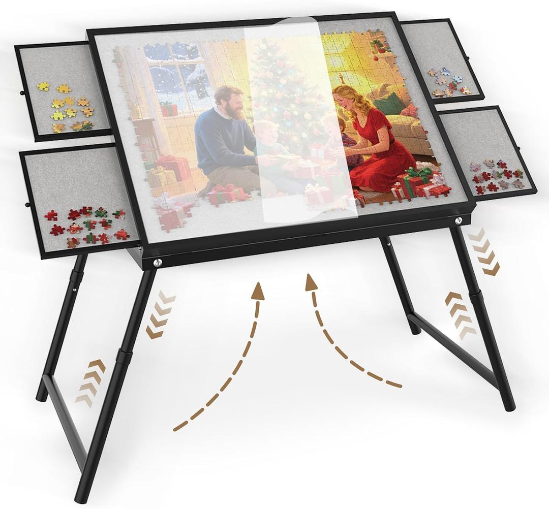 Puzzle Table 1500 Pieces, 3-in-1 Foldable Jigsaw Puzzle Table with Cover 18 & 28 Height, 5 Angle Tilt, Metal Frame, Portable Puzzle Tables Drawers and Legs for All Ages