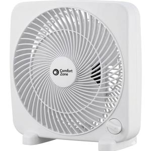 Comfort Zone 9-inch Portable Box Fan  Compact Desktop Cooling Fan with 3-Speeds, Quiet Operation, Built-in Carry Handle & Safety Grill  ETL Listed for Home, Office, or Dorm  White