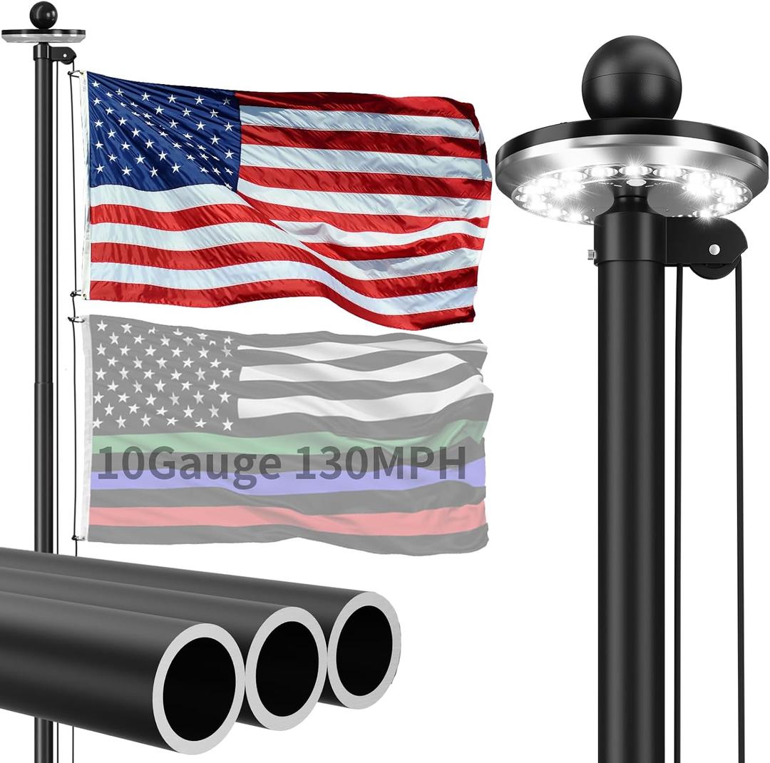 20 FT Heavy Duty Flag Pole 130MPH Wind Test 10 Gauge with Solar Light