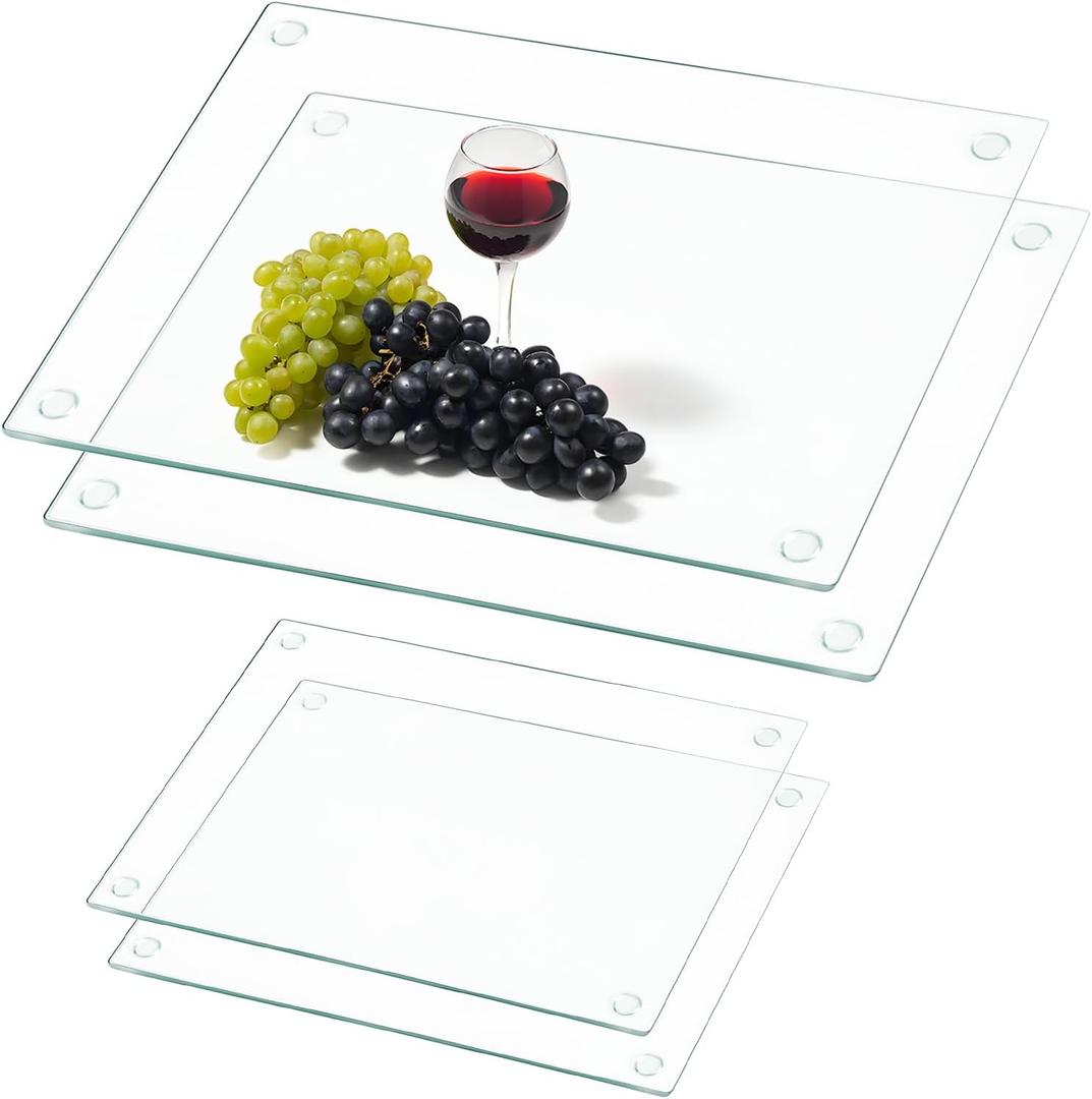 4 Pack Tempered Glass Cutting Board with Anti-Slip Pads, 2 Sizes Rectangle Clear Glass Tray Heat-Resistant Chopping Board for Kitchen Countertop, House Warming Gifts, Non-friable