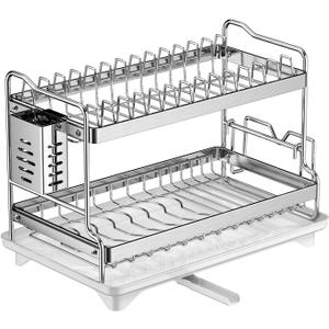 Dish Drying Rack, Double Layered countertop Kitchen Organizer with Drainage Large Bowl Rack and Storage Rack with Drainage Board, Suitable for Kitchen Bars (Silver)
