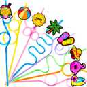 24 PCS Summer Drinking Crazy Straws for Kids Beach Ball Pool Flamingo Summer Themed Birthday Party Supplies Favors Decorations with 24 PVC Cute Charm, 2 Cleaning Brushes Reusable Straw