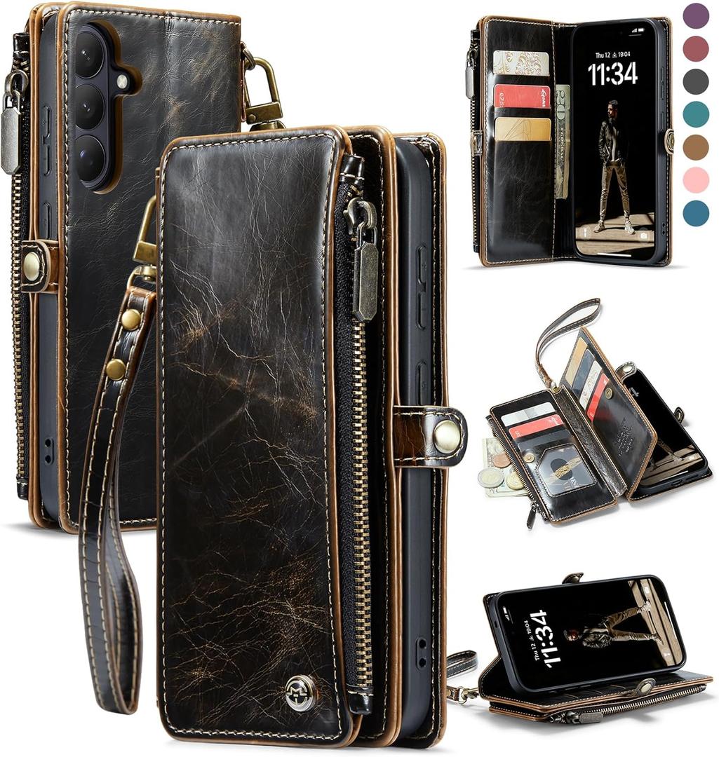 Defencase for Galaxy S26 Plus/S26+ Case Wallet with RFID Blocking Card Holder for Women Men, Elegant Leather Magnetic Snap Flip Strap Zipper Wallet Phone Cases for Samsung Galaxy S26 Plus 6.7", Coffee