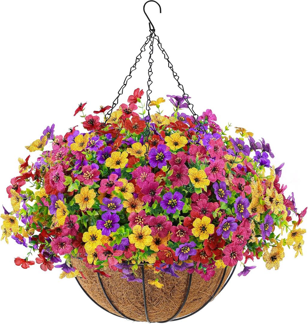 Der Rose Artificial Hanging Flowers Basket for Outdoors Outside Fake Hanging Plants Spring Summer Decoration UV Resistant for Garden Front Porch Patio Balcony Decor