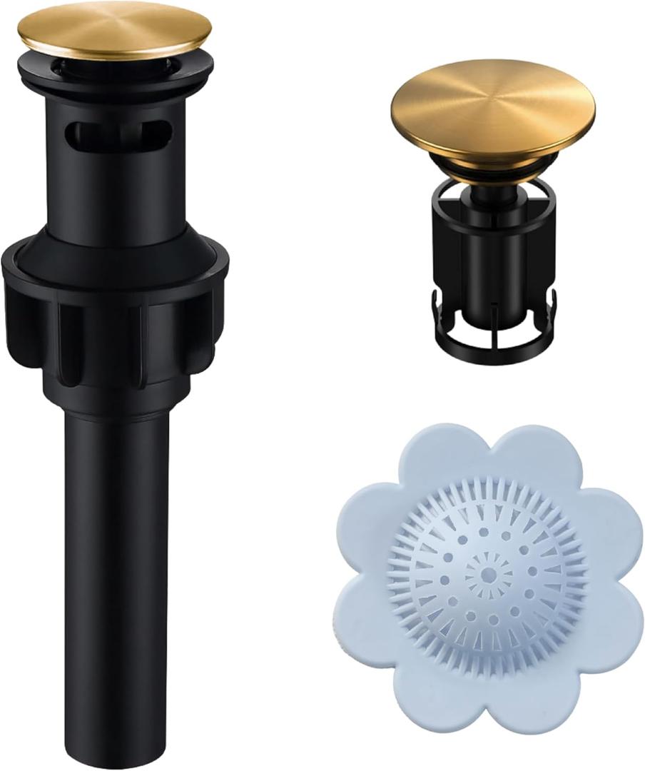 Bathroom Sink Drain,Pop Up Drain for Bathroom Sink,Bathroom Sink Drain Kit,Drain Stopper Bathroom Sink with Overflow,Appy to Lavatory Vanity Drain Stopper,with Detachable Basket,Drawing Gold