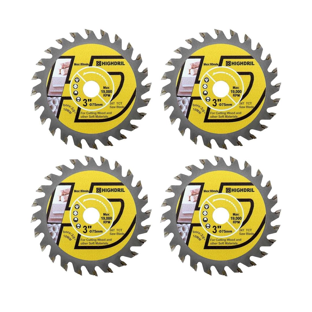 HIGHDRIL TCT Wood Blade 3" 75mm x Arbor 3/8" 10mm - 4pcs Angle Grinder Cutting Disc for Cutting Wood Plywood Chipboard Multilayer Panels
