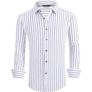 Alex Vando Mens Button Down Shirts Wrinkle Free 4-Way Stretch Print Business Casual Shirt, Size XL (White Stripe)