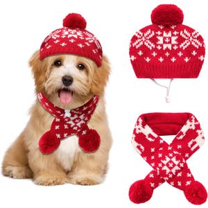 2 Pcs Dog Costumes Hat Scarf Set Knit Reindeer Snowflake Print Dog Christmas Winter Hat Scarf Cute Warm Pet Costume Accessories for Dogs Cats (Medium, Red)